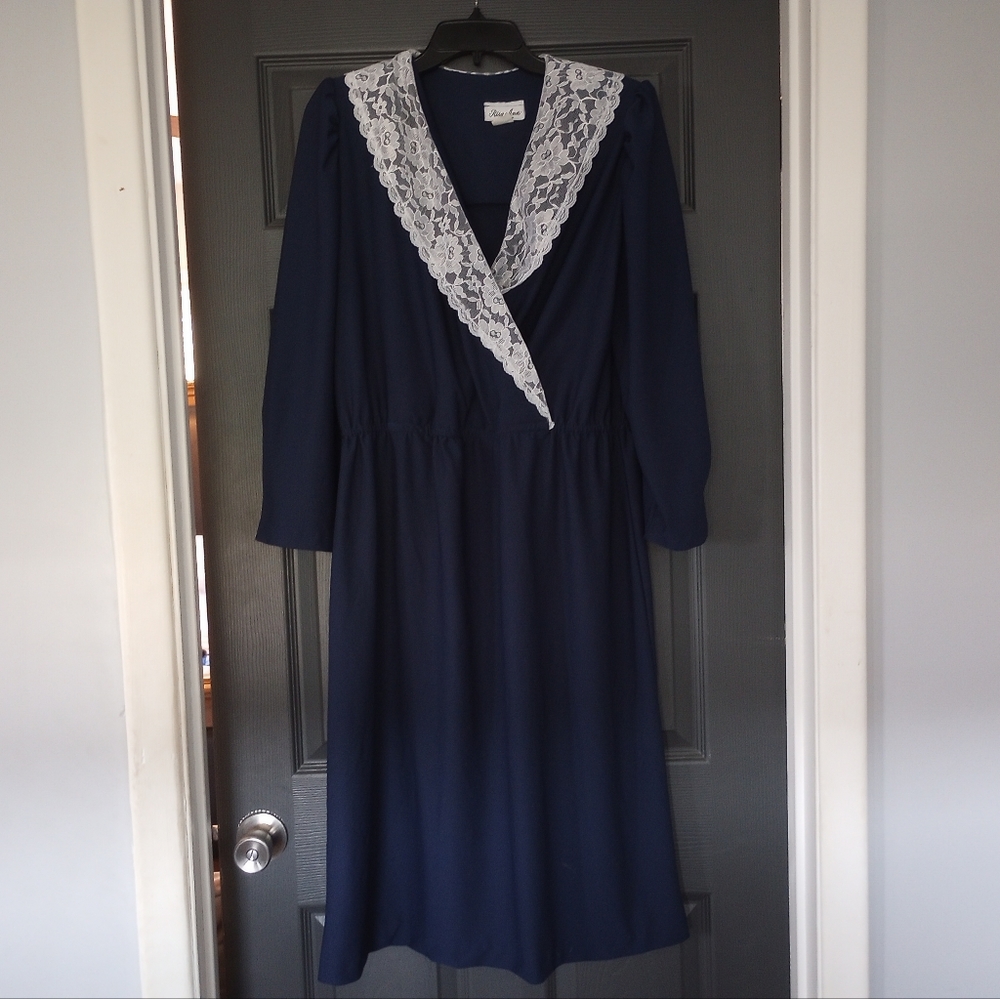 Retro 80s Navy Maxi Lace collar Prairie granny Chic Vintage Secretary dress VTG